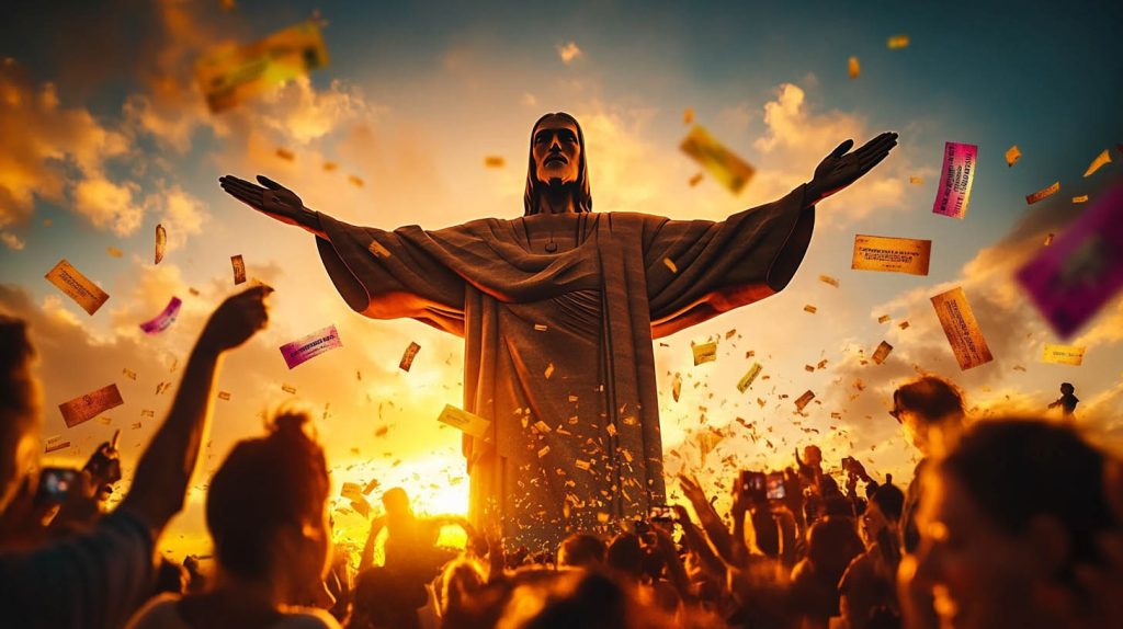 Vista deslumbrante do Cristo Redentor no Rio de Janeiro ao pôr do sol, com turistas felizes tirando fotos e segurando ingressos. Guia completo com dicas, valores e como aproveitar ao máximo a experiência.